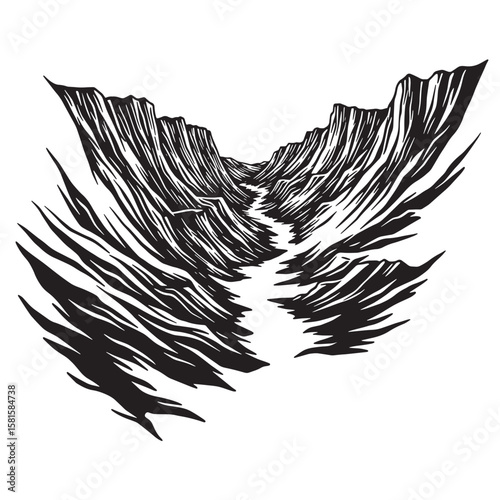 Artistic black and white depiction of a dramatic deep canyon with rough stone walls