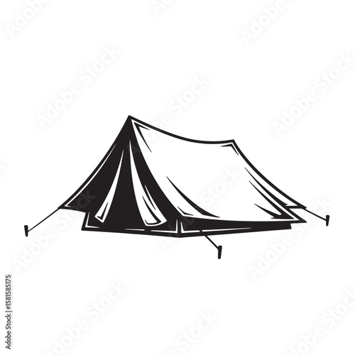 Black and white camping tent illustration symbolizing adventure outdoor recreation and exploration
