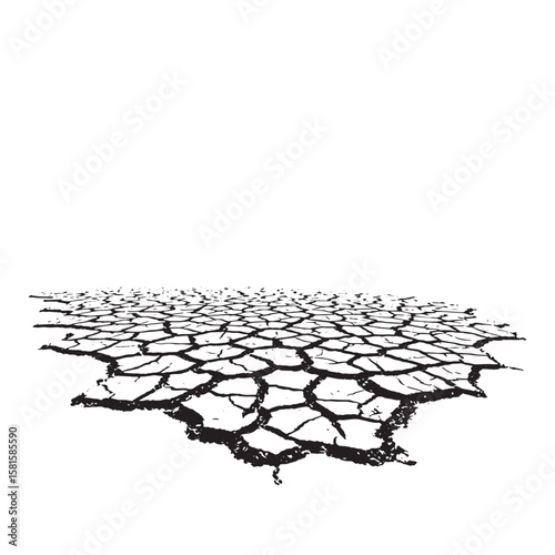 Black and white graphic depiction of arid cracked earth surface isolated on white