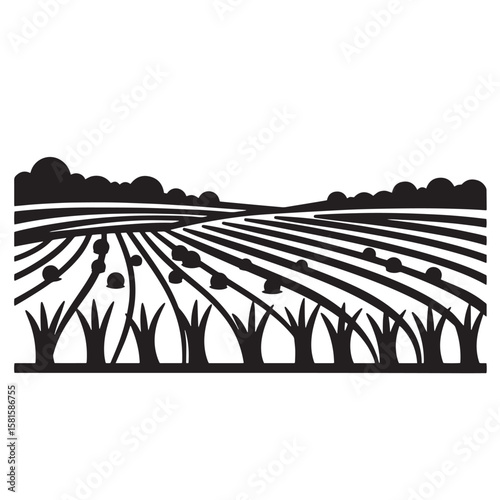 Black and white illustration of a farm field landscape with crops and clouds above