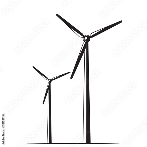 Black and white illustration of two wind turbines generating sustainable renewable energy