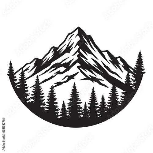 Black and white mountain landscape silhouette with pine trees in a circle