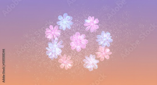 A circular arrangement of pastel-colored, stylized flowers against a soft, gradient background.