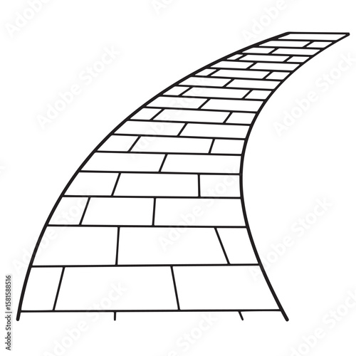 Black and white vector illustration of a curved brick road leading to a destination
