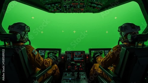 Two pilots in a spaceship cockpit with green screen view and complex control panel and orange jumpsuits