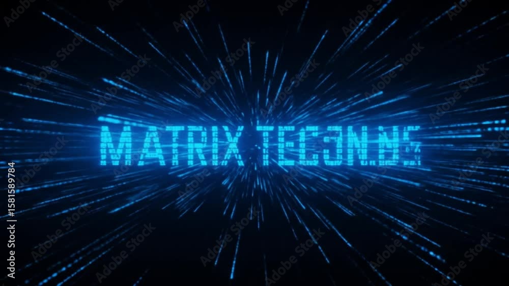 Matrix technics text with blue light streaks emanating from the center on a dark background