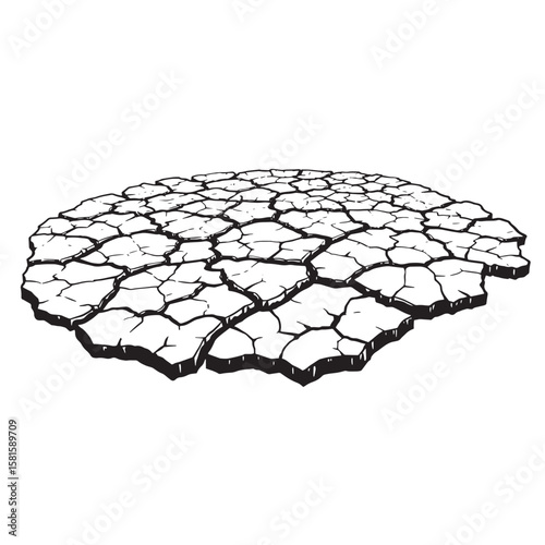 Cracked earth surface illustration depicting drought and aridity in black and white vector art