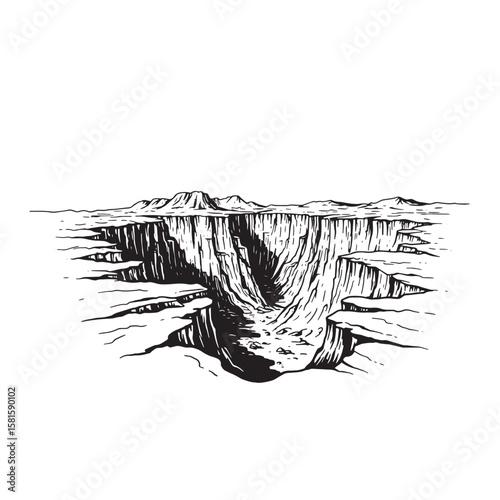 Detailed black and white illustration of a canyon landscape with textured cliff sides