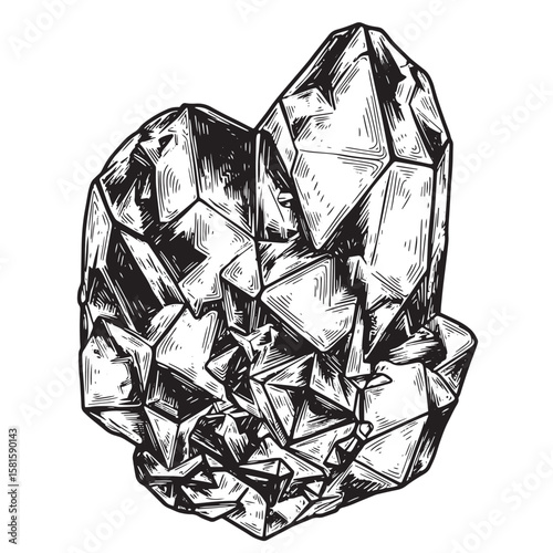 Detailed black and white illustration of a crystalline quartz cluster in engraved style