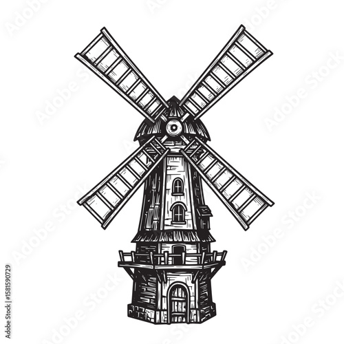 Detailed black and white illustration of a traditional dutch windmill on a white background