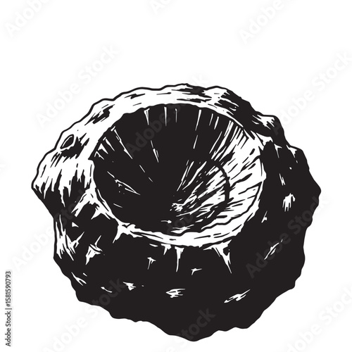 Detailed black and white illustration of an extraterrestrial impact crater on the lunar surface