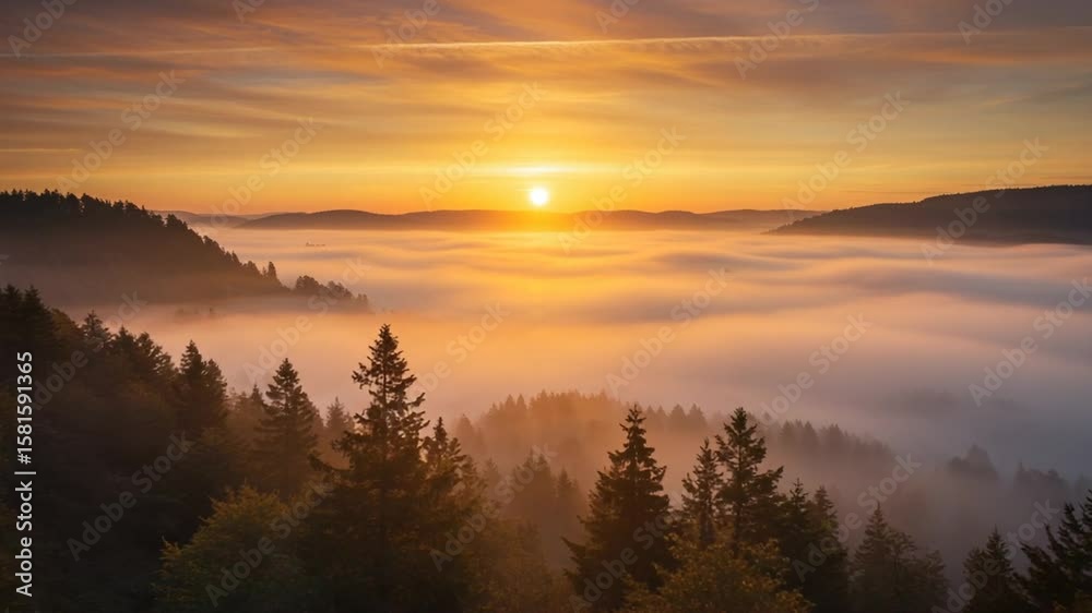 Serene Sunrise Over Misty Forest Landscape
