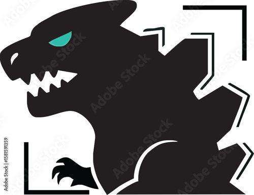 Silhouette of a stylized dinosaur with teal eyes, partially framed by a square border.