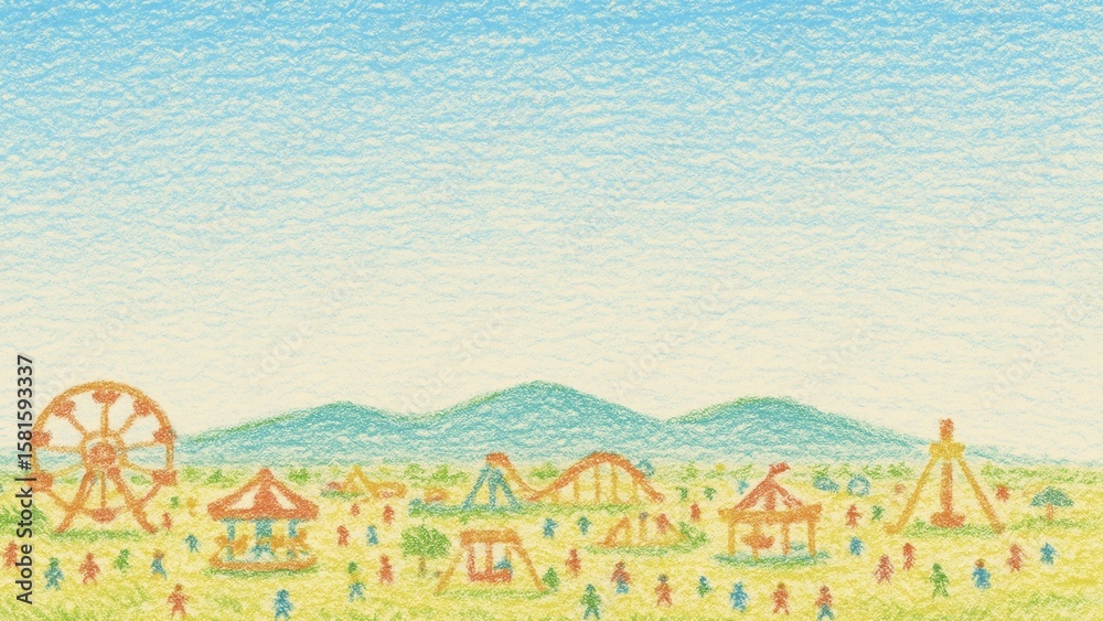 Obraz premium 遊園地全景のクレヨン画(16:9 横長バナー コピースペース)