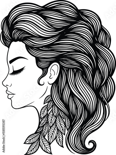 Dreamy woman with flowing hair and leaf ornament in black and white