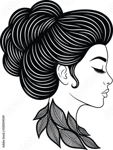 Stylish woman portrait illustration with elegant hair and leaf detail