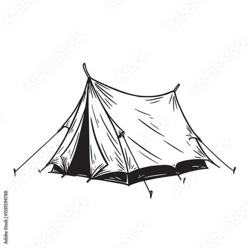 Hand drawn illustration of a classic camping tent ready for outdoor adventures and exploration.