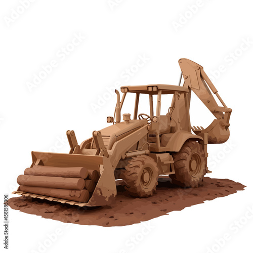 Backhoe Loader with Muddy Wheels and Logs Isolated on White