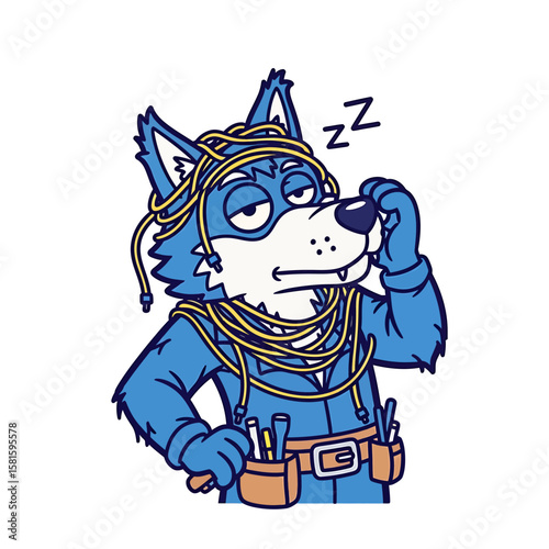 Tired Electrician Wolf Cartoon Character with Tools and Wires