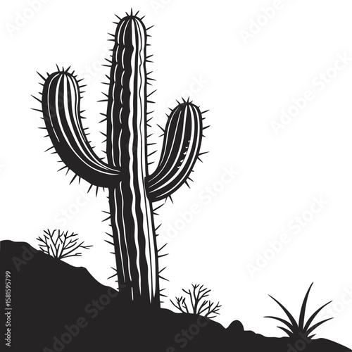 Stylized monochrome illustration of a tall saguaro cactus overlooking a desert landscape with smaller plants beneath a minimal sky backdrop