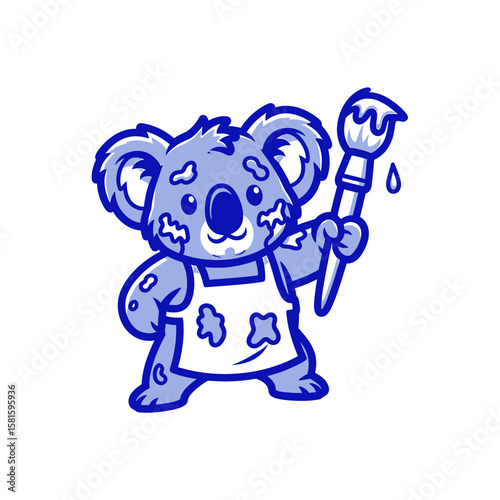 Cartoon Koala Painter Character with Brush and Splatters