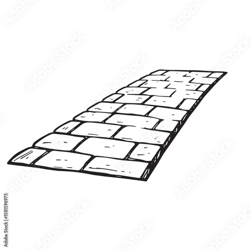 Hand-drawn black and white illustration of a brick path or cobblestone pathway design
