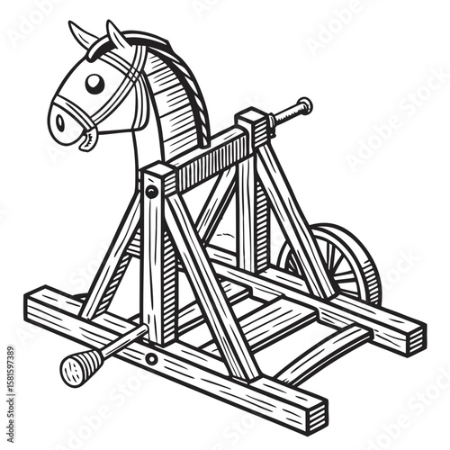 Childhood Toy Carrousel Drawing for Kids with Simple Mechanical Structure and Playful Carousel Design in Black and White Sketch
