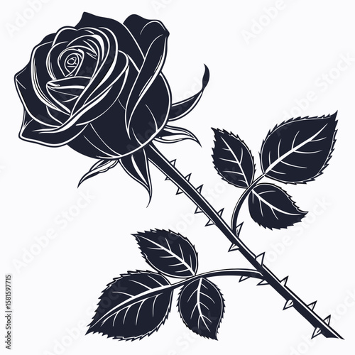Elegant monochrome illustration of a detailed rose with leaves emphasizing natural beauty and floral intricacy in minimalistic black and white design