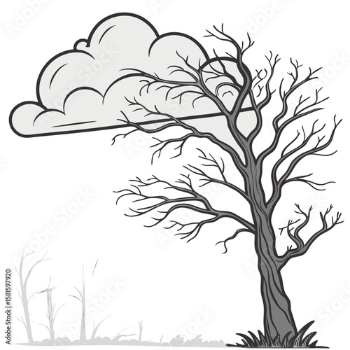 Serene black and white illustration of a leafless tree with a cloudy sky in the background capturing the stark beauty of winter solitude