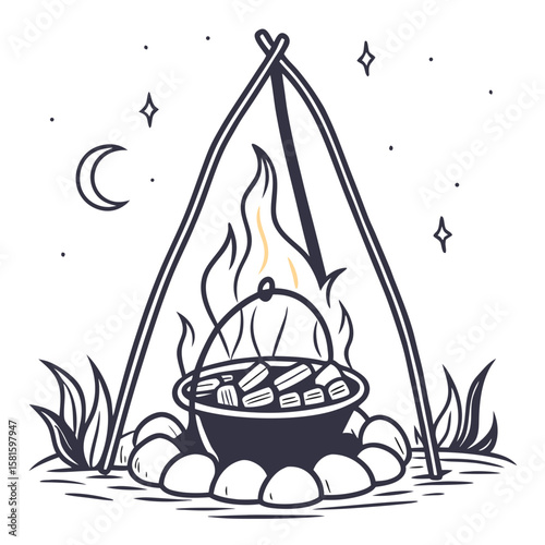 Minimalist outdoor campfire scene with a pot simmering over flames beneath a starry night sky featuring crescent moon and natural landscape elements