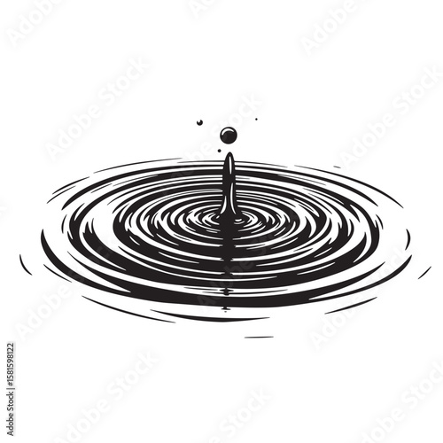 Monochrome illustration of a water drop creating ripples and circular wave patterns