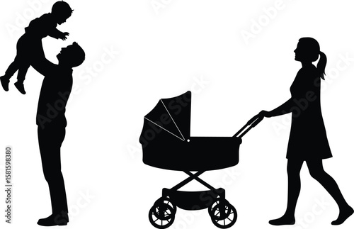 Parents, Baby, Child, Silhouette, Stroller, Family, Bonding, Father, Mother,