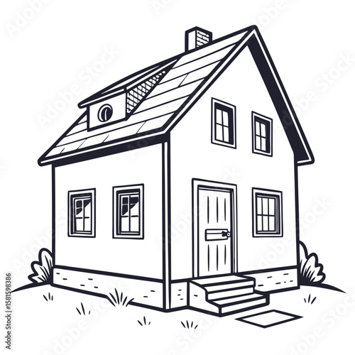 Minimalistic black and white line drawing of a cozy suburban house with detailed roof and entrance depict a serene residential property with