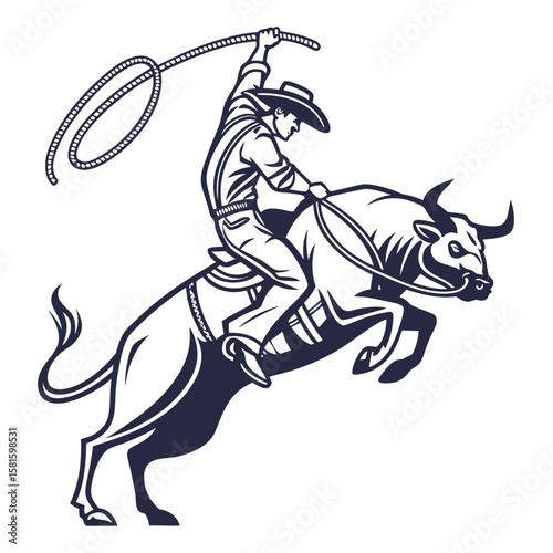 Dynamic cowboy riding aggressive bull with lasso in a vibrant rodeo scene illustrating strength and tradition in western sports