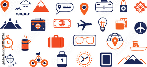 Vector art of a collection of travel and adventure icons including transportation, destinations, and activities.