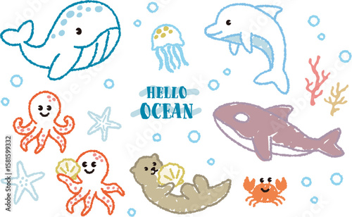 Vector illustration set of cute sea animals drawn with crayons.