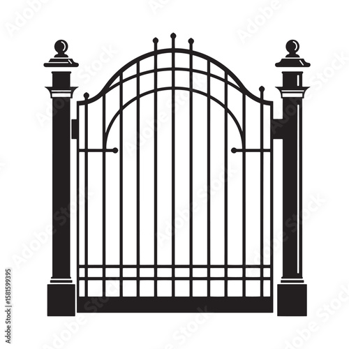 Ornate black gate illustration isolated on white background for design and architectural projects