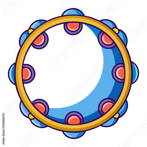 A vibrant, stylized illustration of a tambourine with a light blue drumhead, a yellow outer rim, and red and purple jingles.