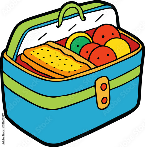 Cartoon lunchbox filled with a sandwich and colorful fruits for a healthy meal