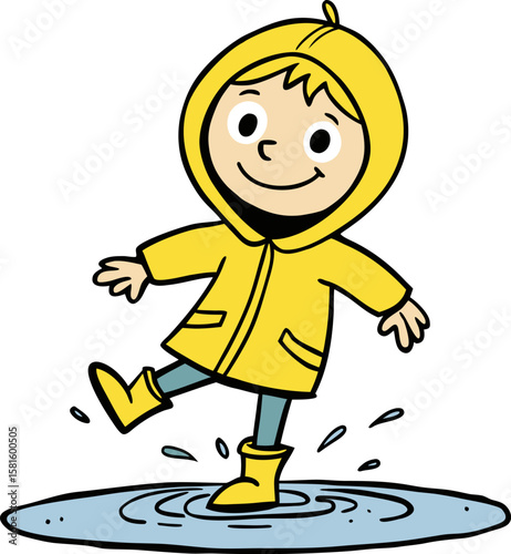 Happy child in yellow raincoat and boots splashing in a puddle