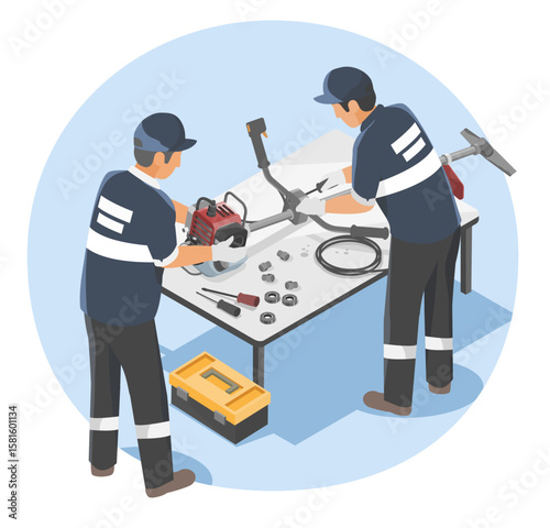 Two agricultural technicians assembling and repairing a grass trimmer machine brush cutter with garden equipment parts and tools on a table in a maintenance workshop setting