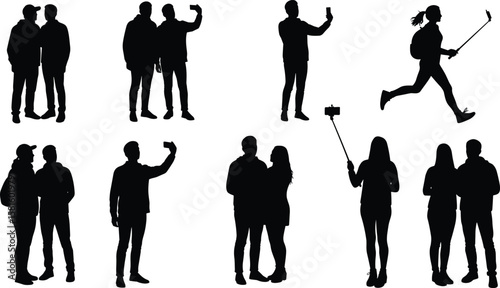 Silhouette, People, Taking Selfies, Selfie Stick, Smartphone, Group, Interaction, Outdoor, Fun, Technology, Social Media, Pose, Expression, Modern, Clipart, Vector, Lifestyle,