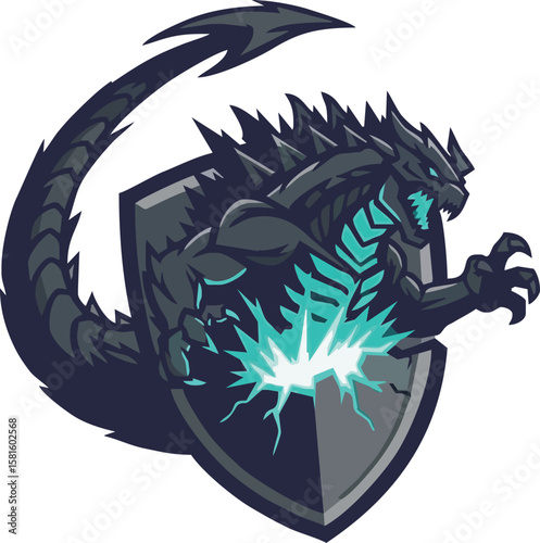 Cartoonish monster with a curled tail breaks through a shield with glowing energy.