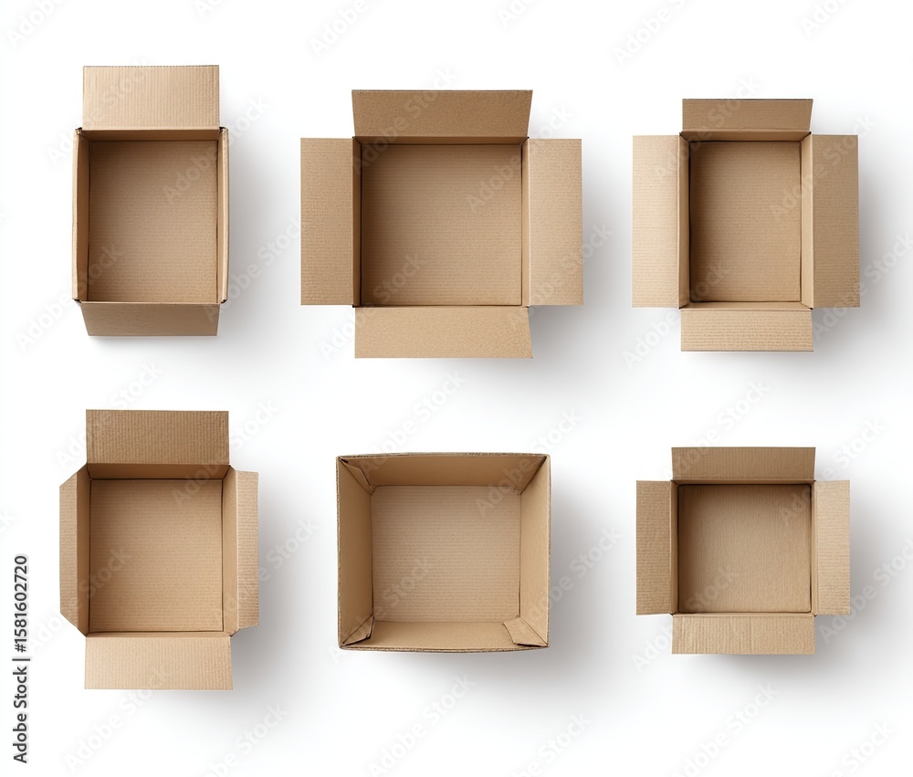 Six open and closed cardboard boxes Six open and closed cardboard boxes