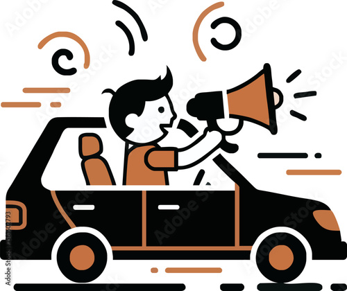 Cartoon man in a car using a megaphone to broadcast a message.