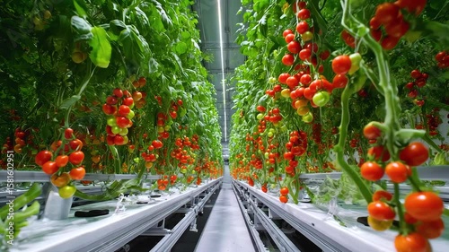 Indoor hydroponic tomato plant agriculture with ripe red and green fruit growing modern controlled environment farm fresh healthy produce vertical
