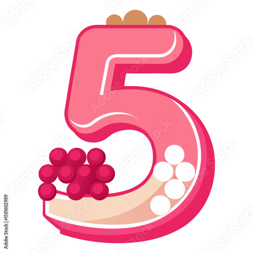 A stylized, plump pink number five with rounded edges, containing red and white circular elements, and a brown textured top.