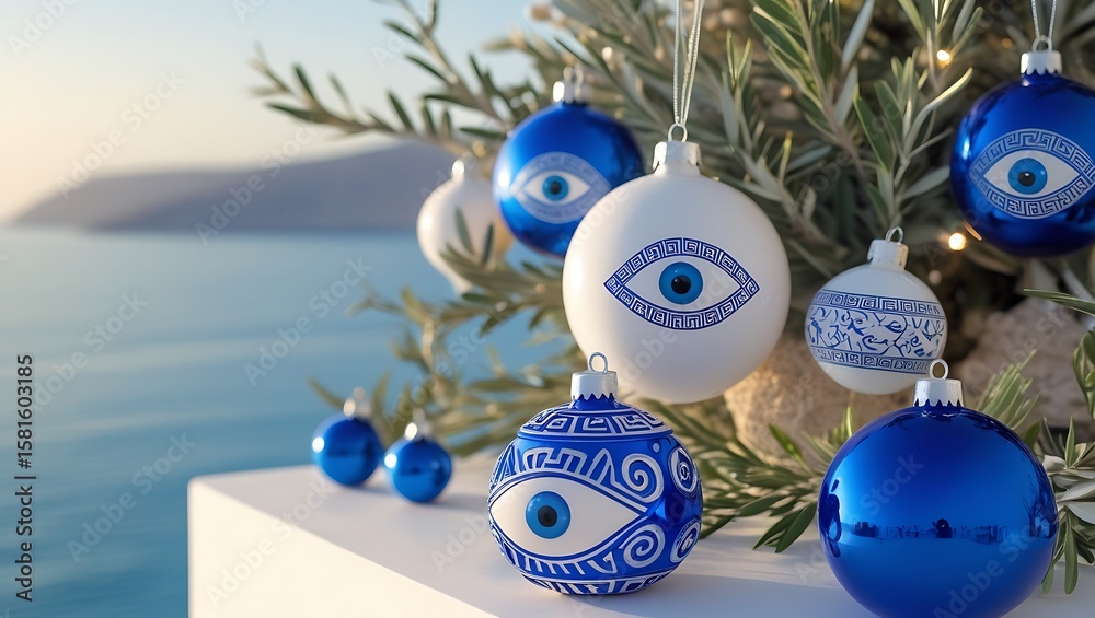 Fototapeta premium Festive Greek Christmas with charming evil eye ornaments against an Aegean Sea backdrop.