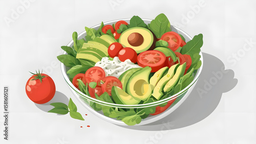 Top View Vector Illustration of a Nutritious Salad with Sliced Avocado and Herbs