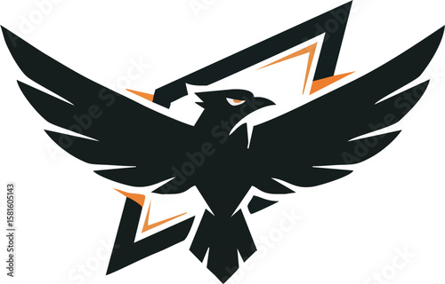 A stylized black raven with outstretched wings, set against a geometric star-like shape.